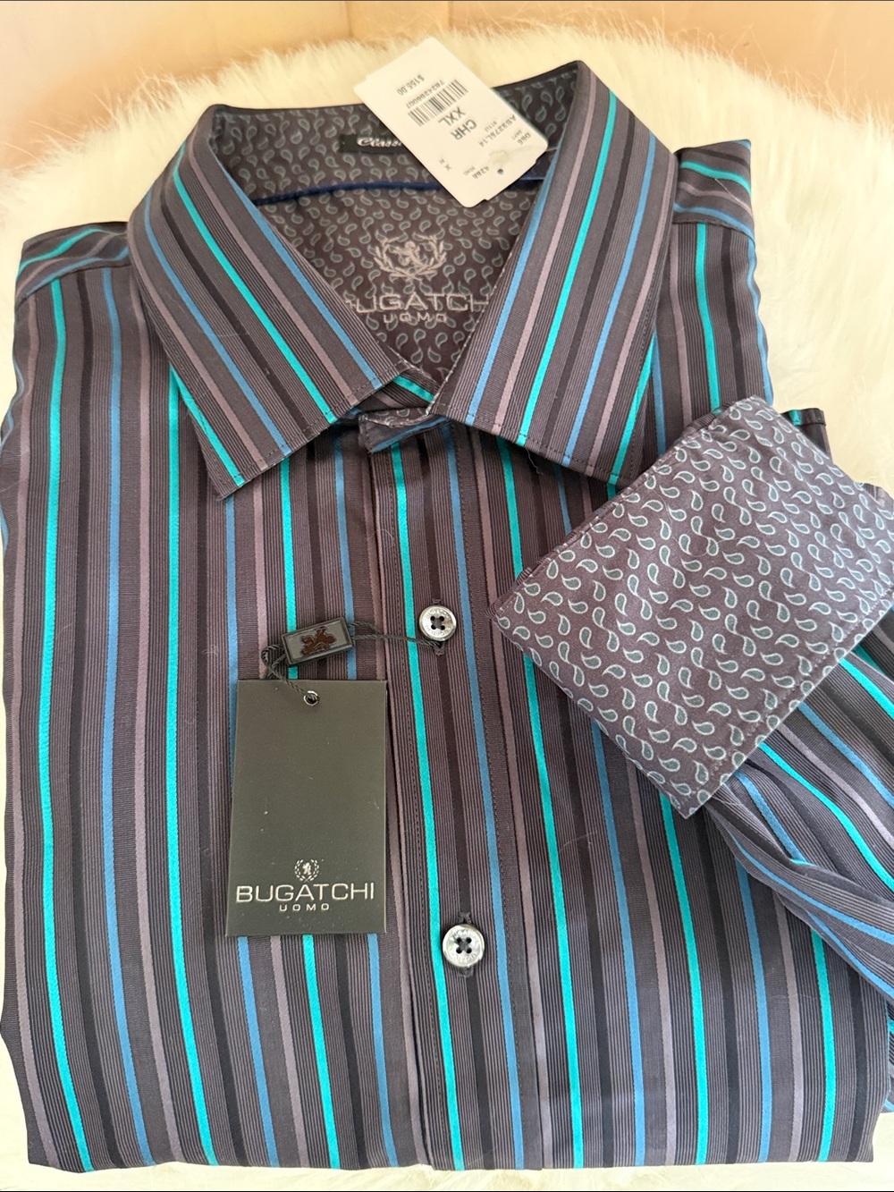 Bugatchi Uomo XXL Men’s Black, Blue and Teal Stripe Dress Shirt